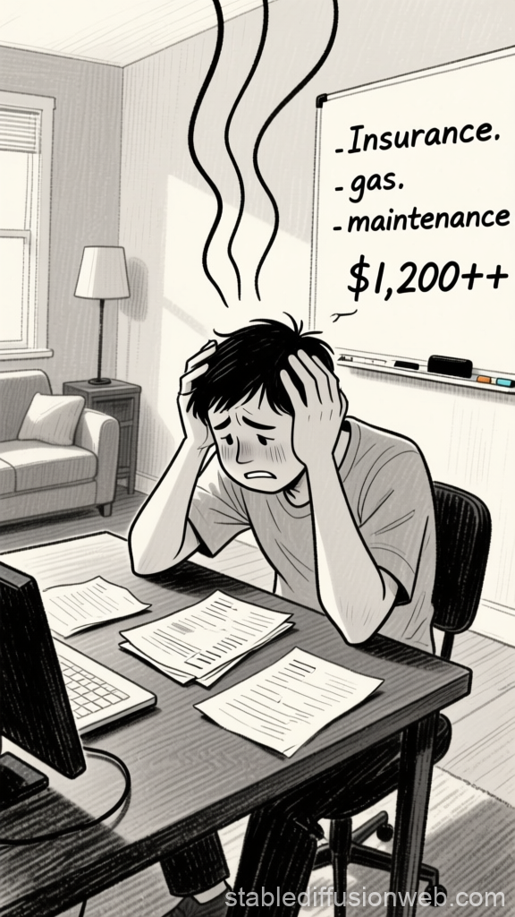 Stressed Character Overwhelmed by Expenses at Desk