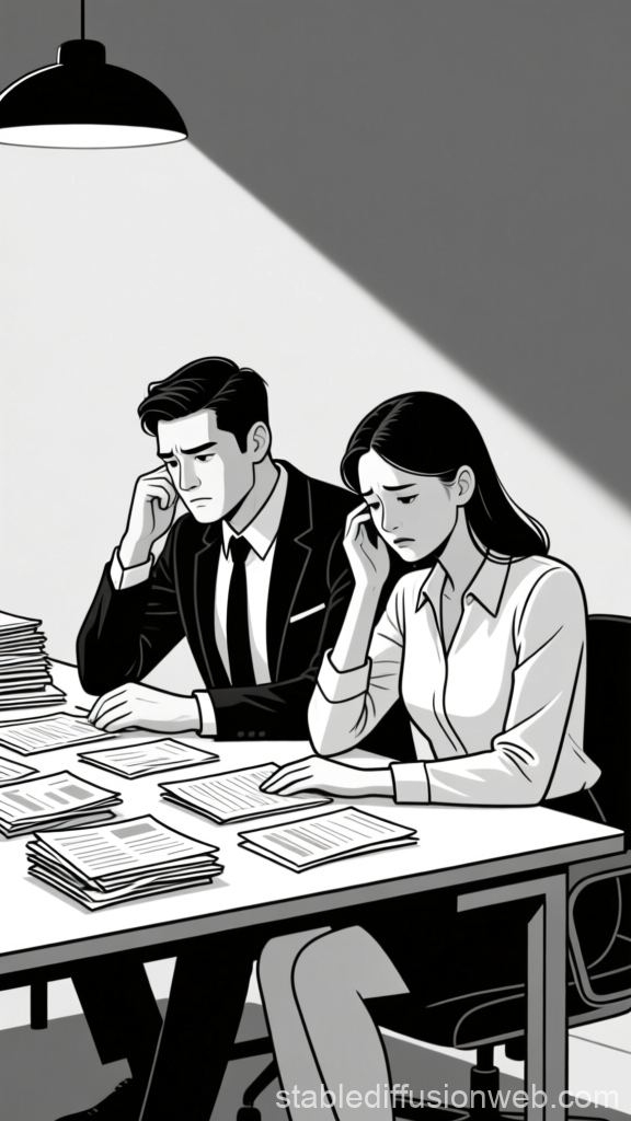 Stressed Couple Reviewing Bills Under Harsh Light