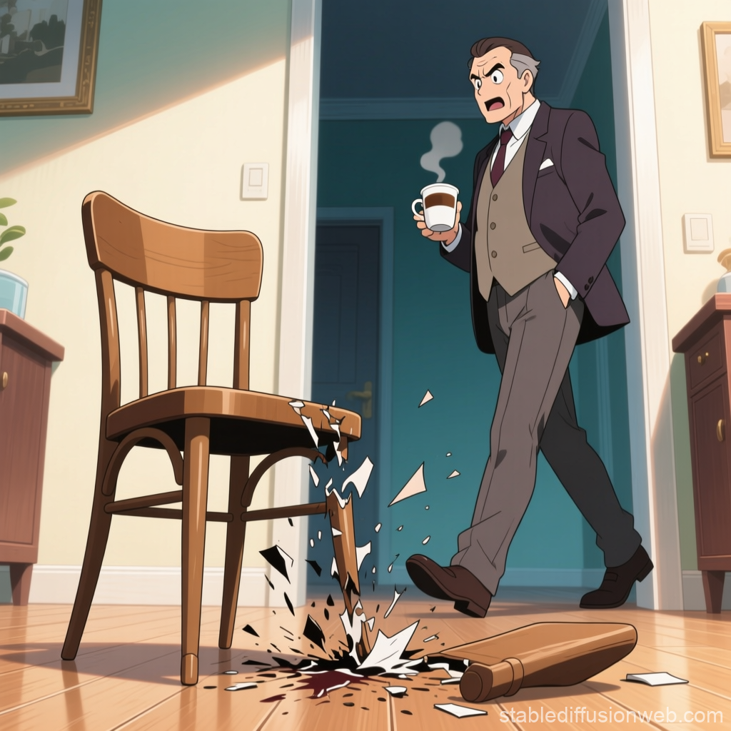 Stressed Man Accidentally Breaks Chair While Holding Coffee