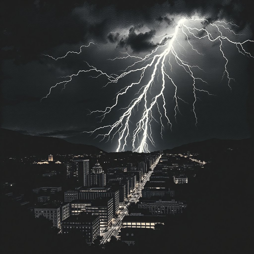 Striking Lightning Over Cityscape at Night