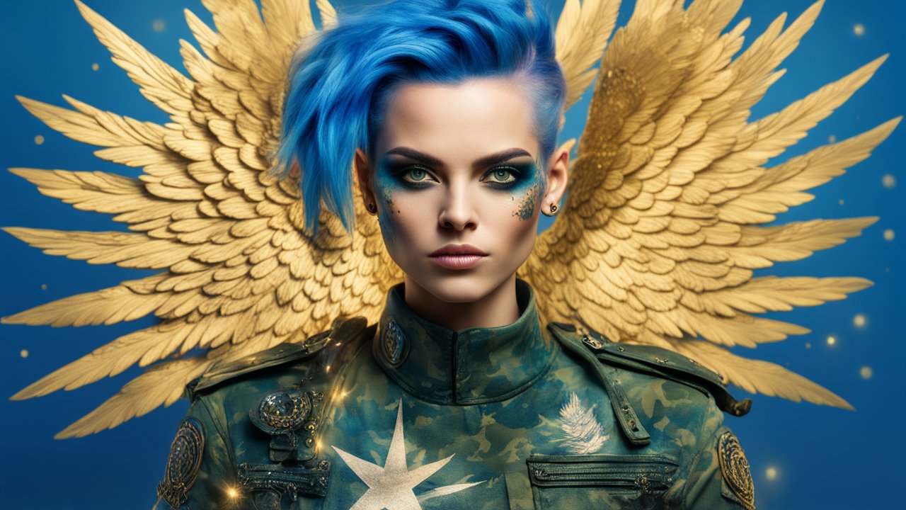 Striking Punk Angel with Blue Hair and Golden Wings