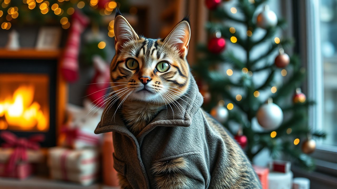 Striped Cat Wearing a Cozy Jacket by Christmas Tree