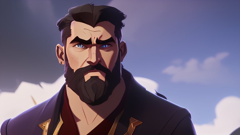 Strong Bearded Man with Intense Gaze in Animated Style