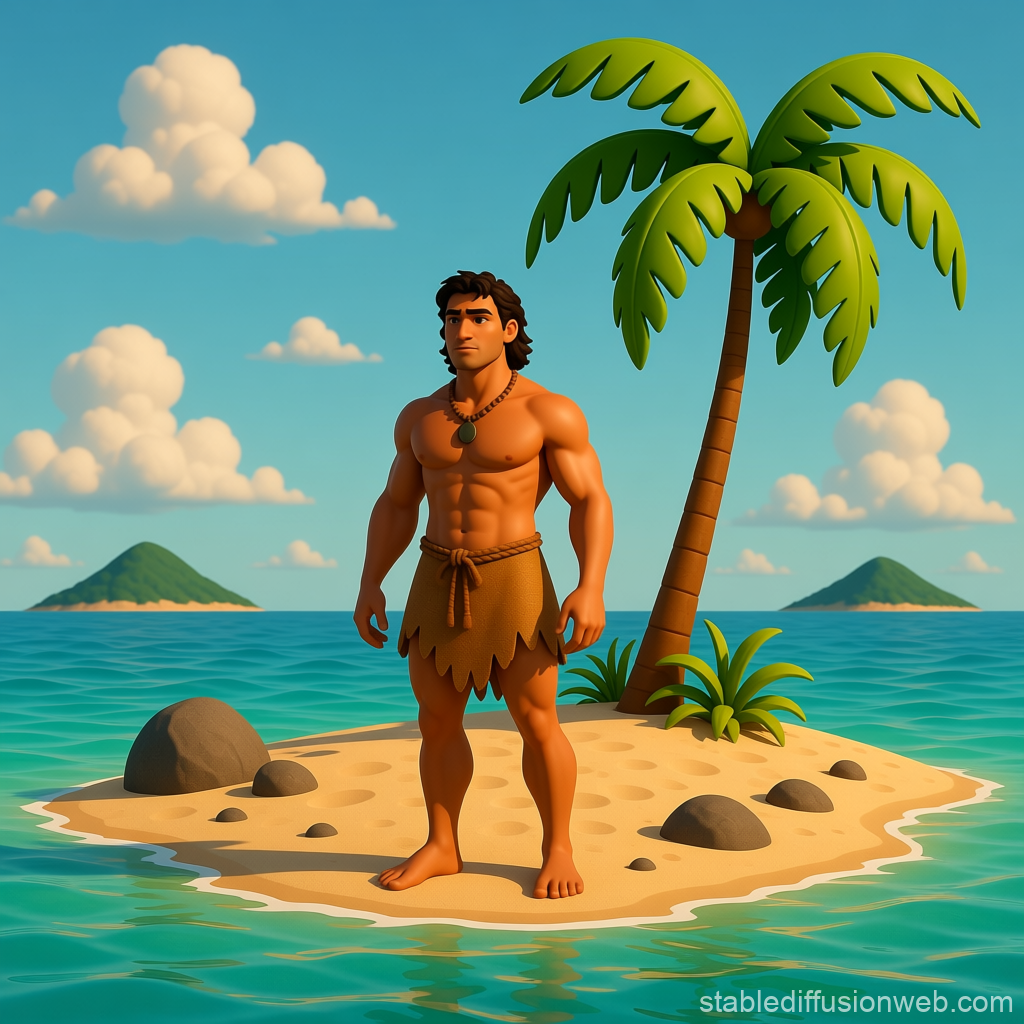 Strong Man Standing on a Deserted Island
