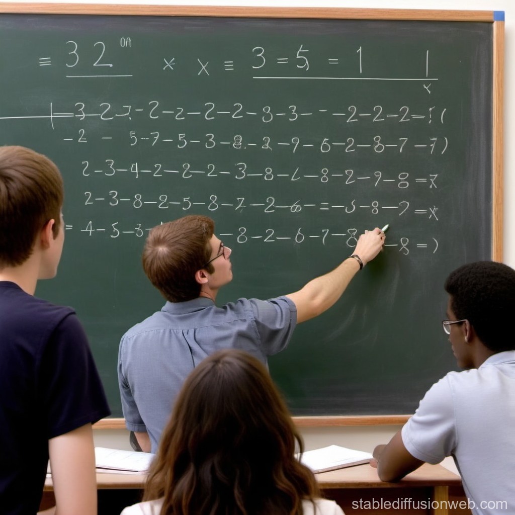 Students Solving Complex Math Problems on Chalkboard