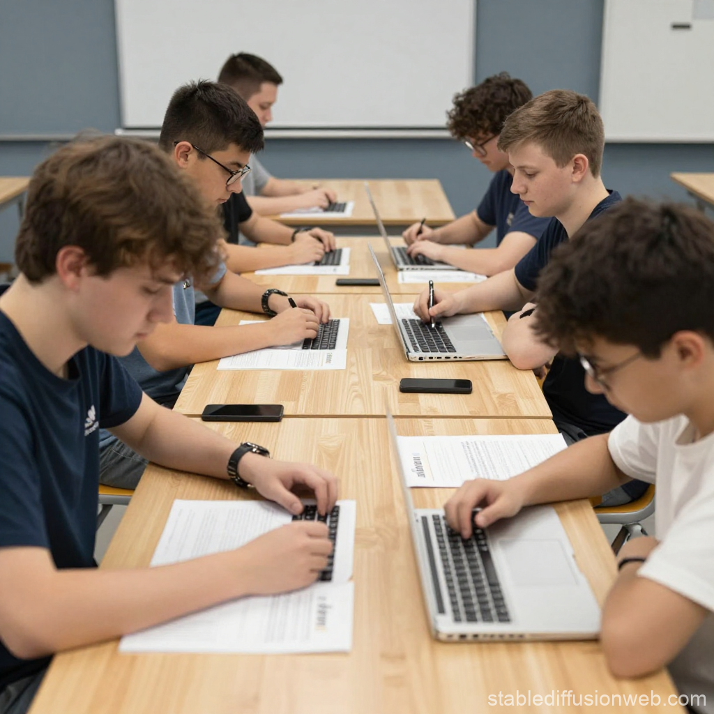 Students Using Laptops and Writing Notes in Classroom