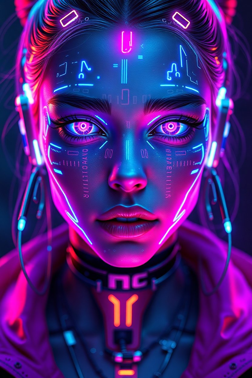 Stunning Cyberpunk Girl with Neon Facial Tech