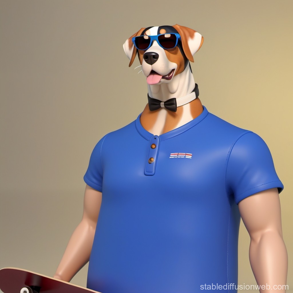 Stylish Anthropomorphic Dog with Skateboard in Blue Shirt