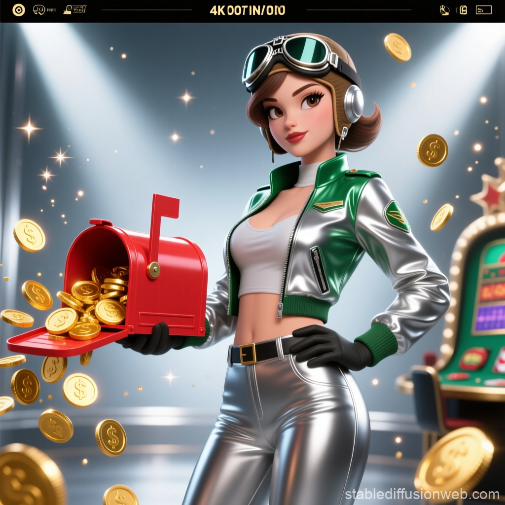 Stylish Aviatrix with Overflowing Gold Coins and Mailbox