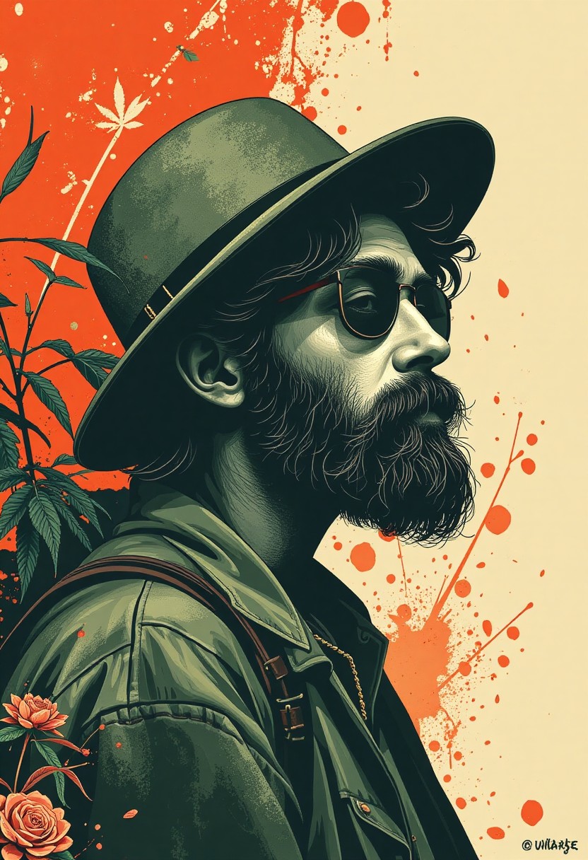 Stylish Bearded Man in Hat with Artistic Floral Background