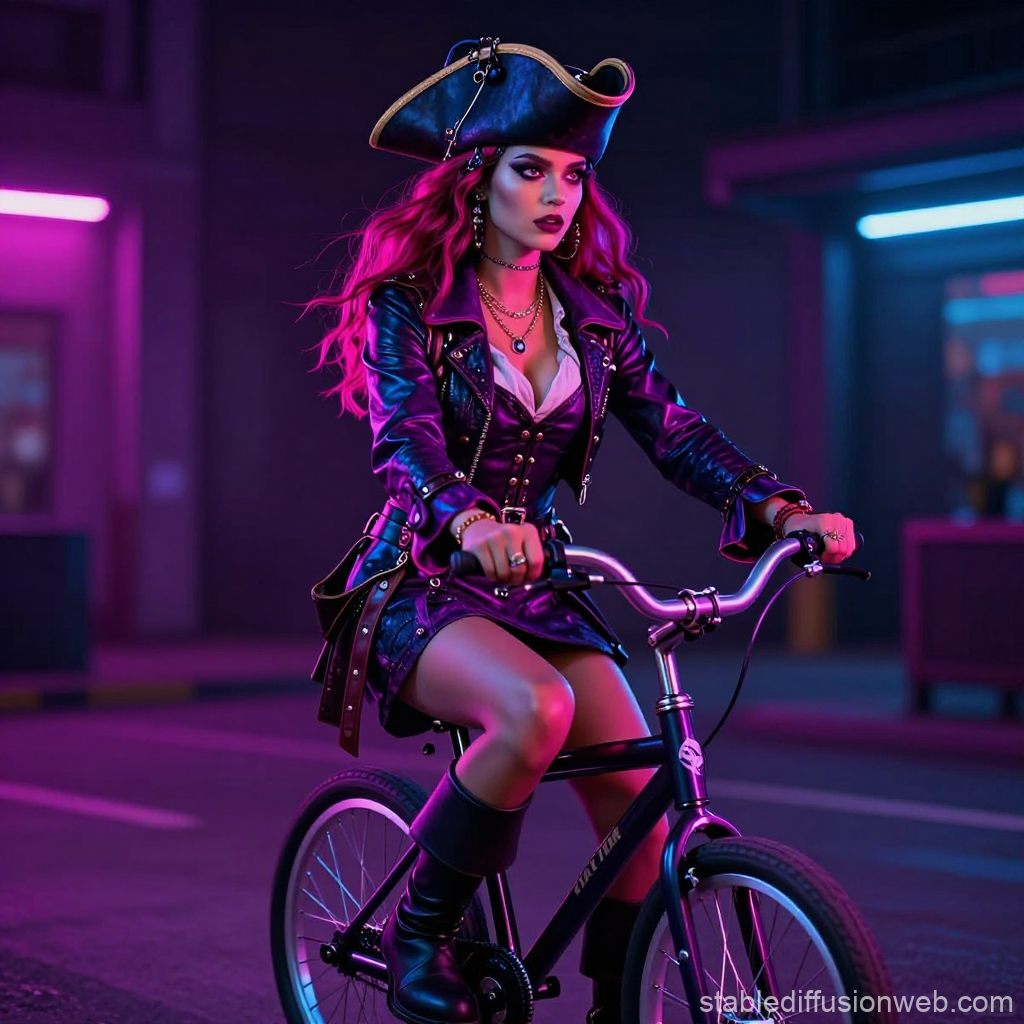 Stylish Black-Haired Pirate Riding a Bicycle in Neon Light