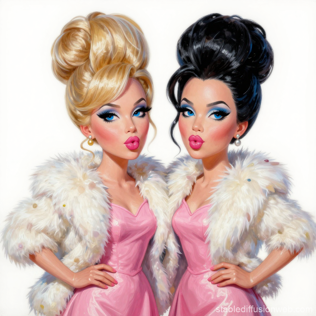 Stylish Caricature of Two Glamorous Women in Pink Dresses