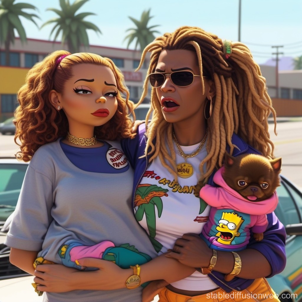 Stylish Duo with Adorable Dog in Vibrant Urban Setting