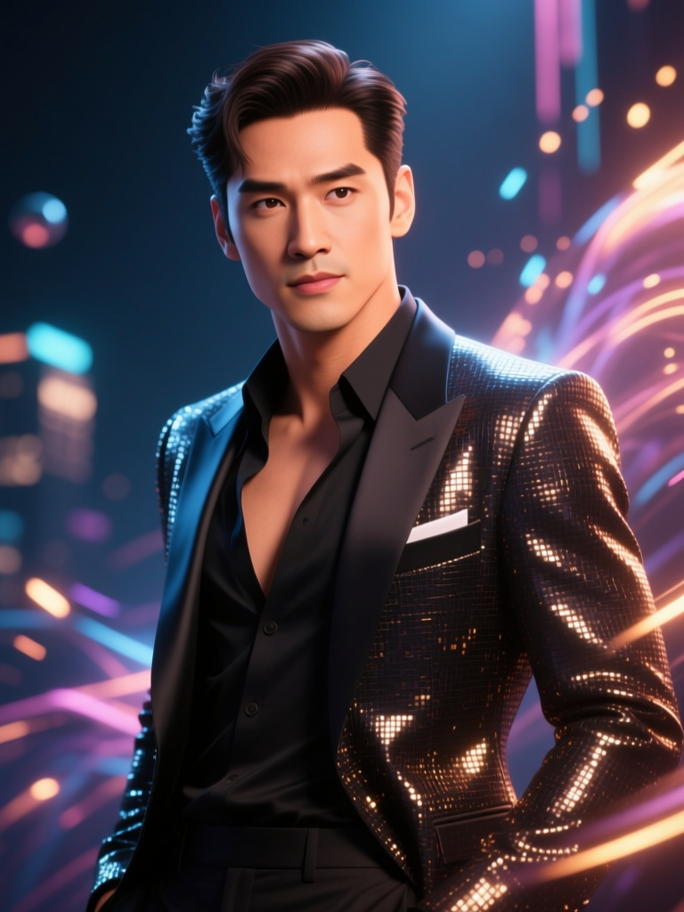 Stylish Male Celebrity in Shimmering Suit with Neon Lights