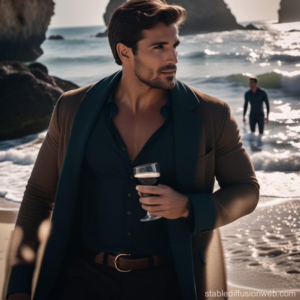 Stylish Man Holding Drink on Beach at Sunset