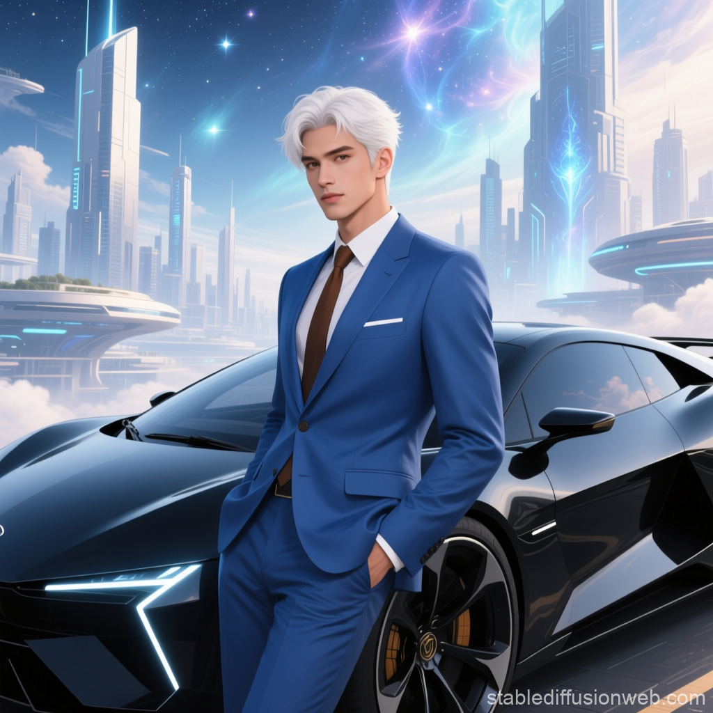 Stylish Man in Blue Suit with Futuristic Cityscape and Sports Car