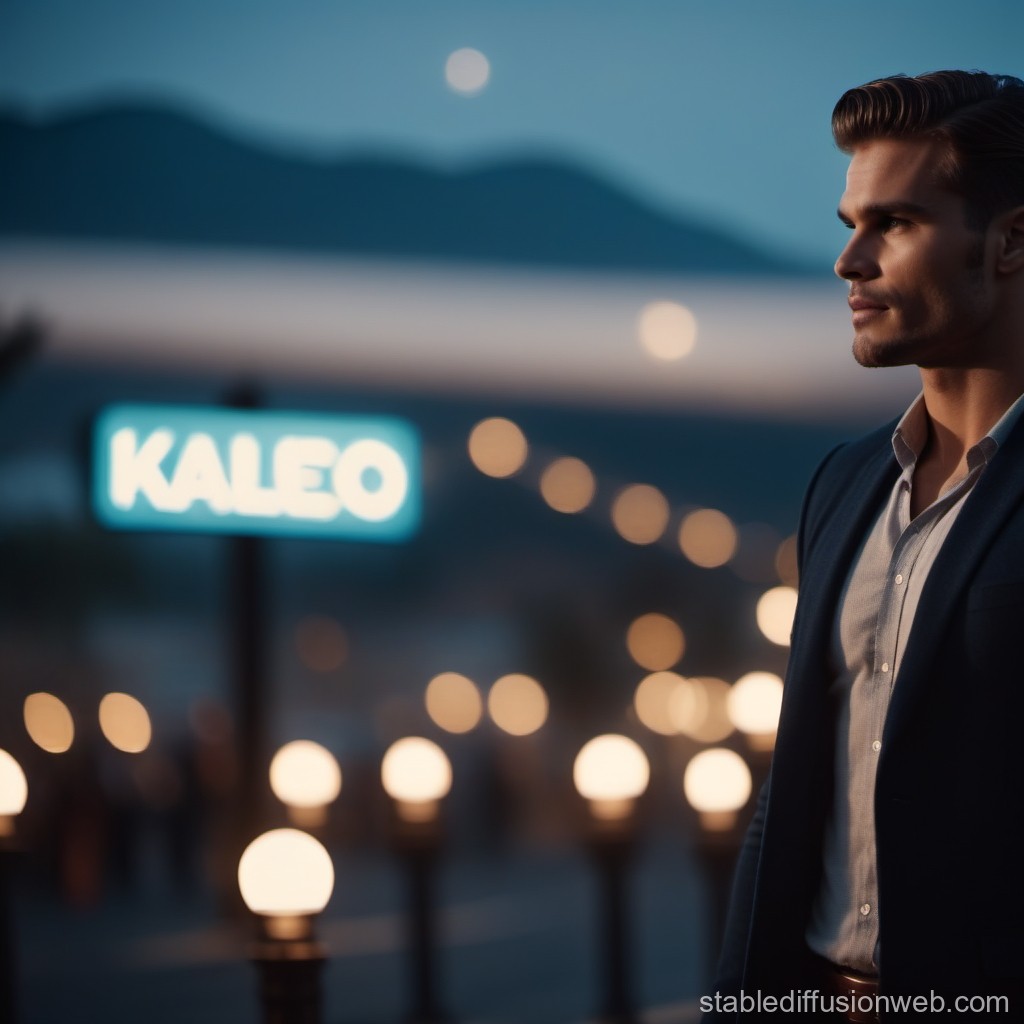 Stylish Man in Evening Cityscape with Kaleo Sign