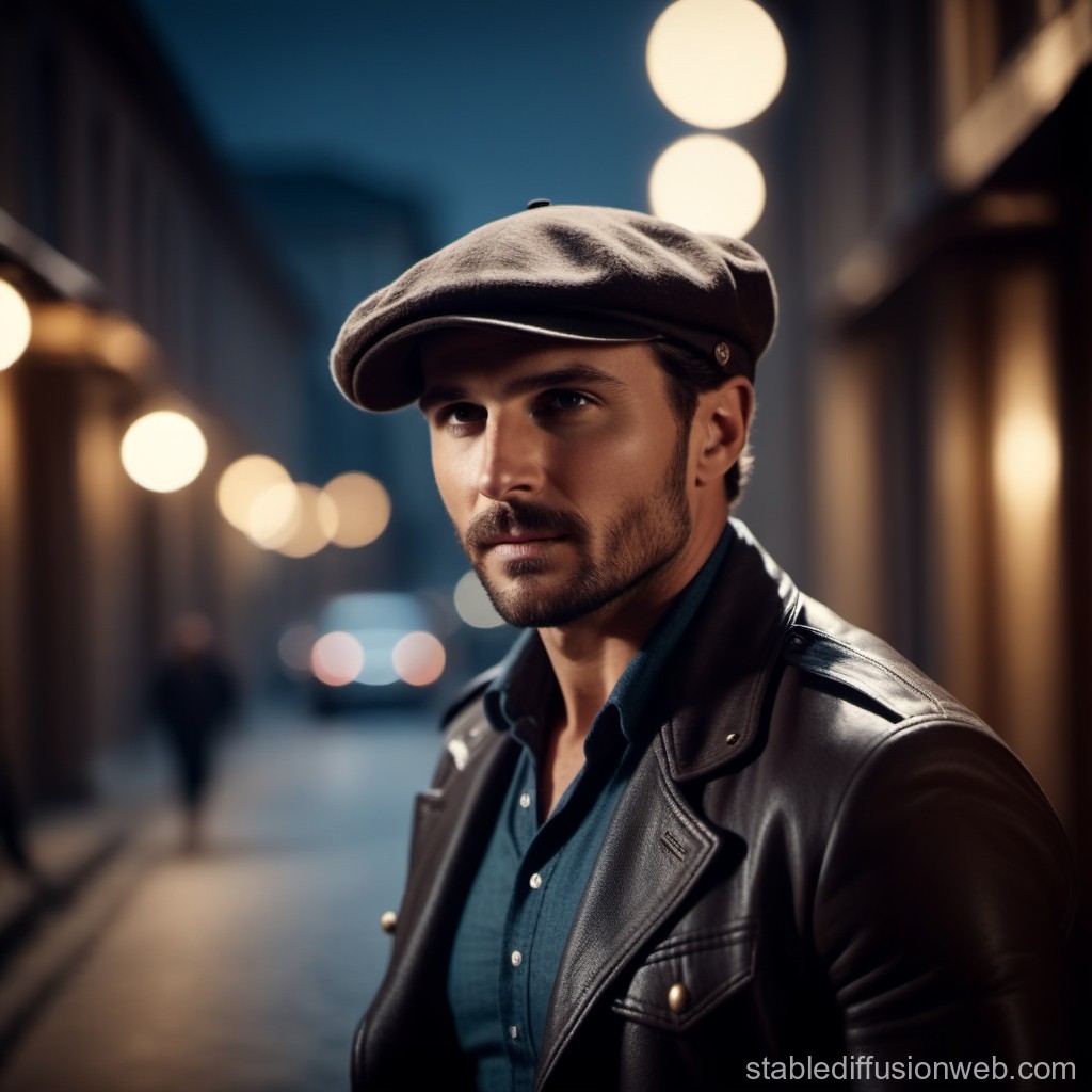 Stylish Man in Leather Jacket and Cap on City Street at Night