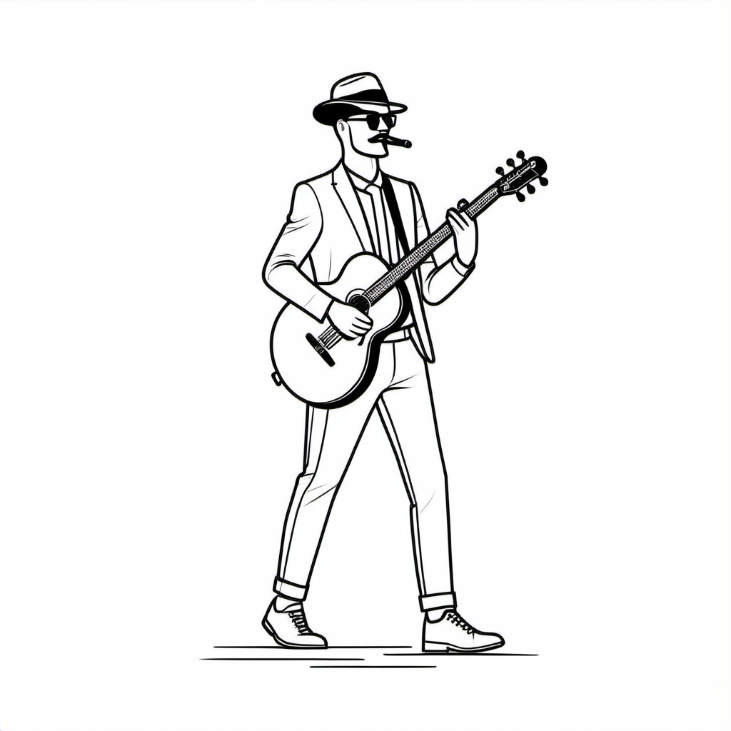 Stylish Man Playing Guitar with Cigar Line Art