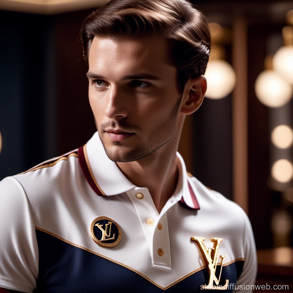 Stylish Man Wearing Designer Polo Shirt with Gold Accents