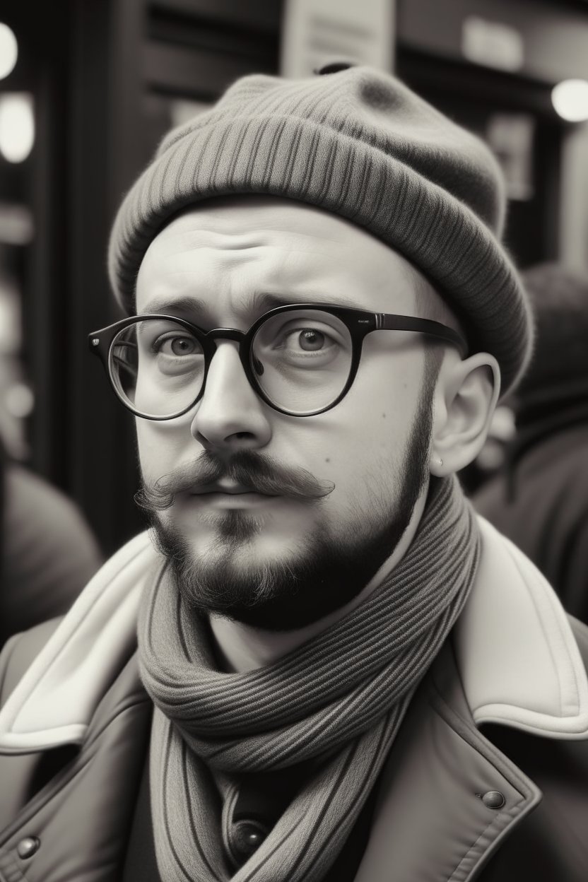 Stylish Man with Glasses and Mustache in Winter Attire