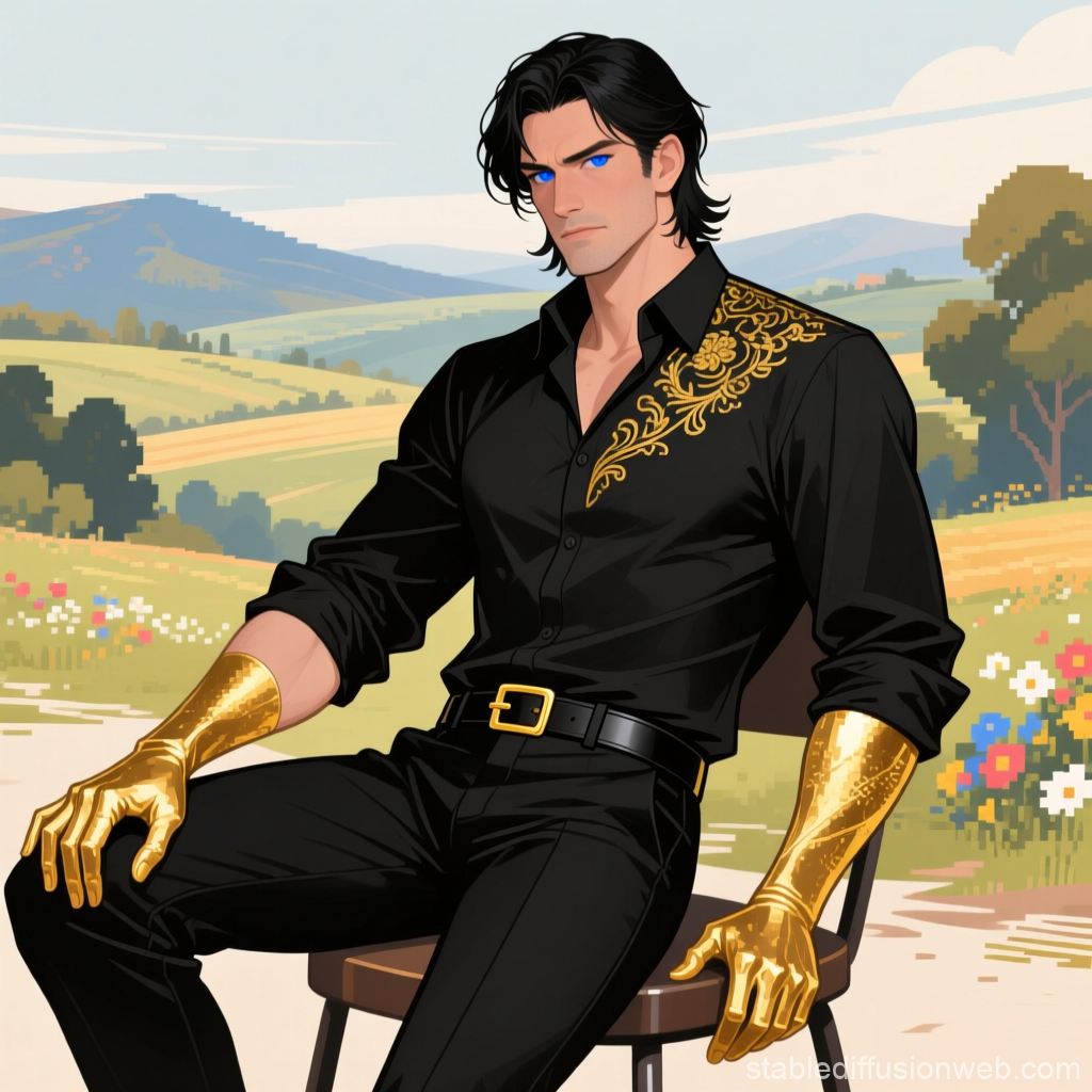 Stylish Man with Golden Gloves and Embroidered Shirt in Countryside