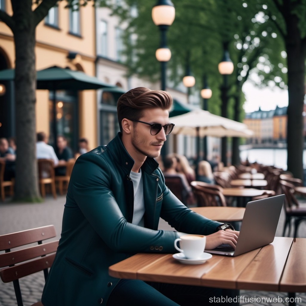 Stylish Man Working on Laptop at Outdoor Cafe