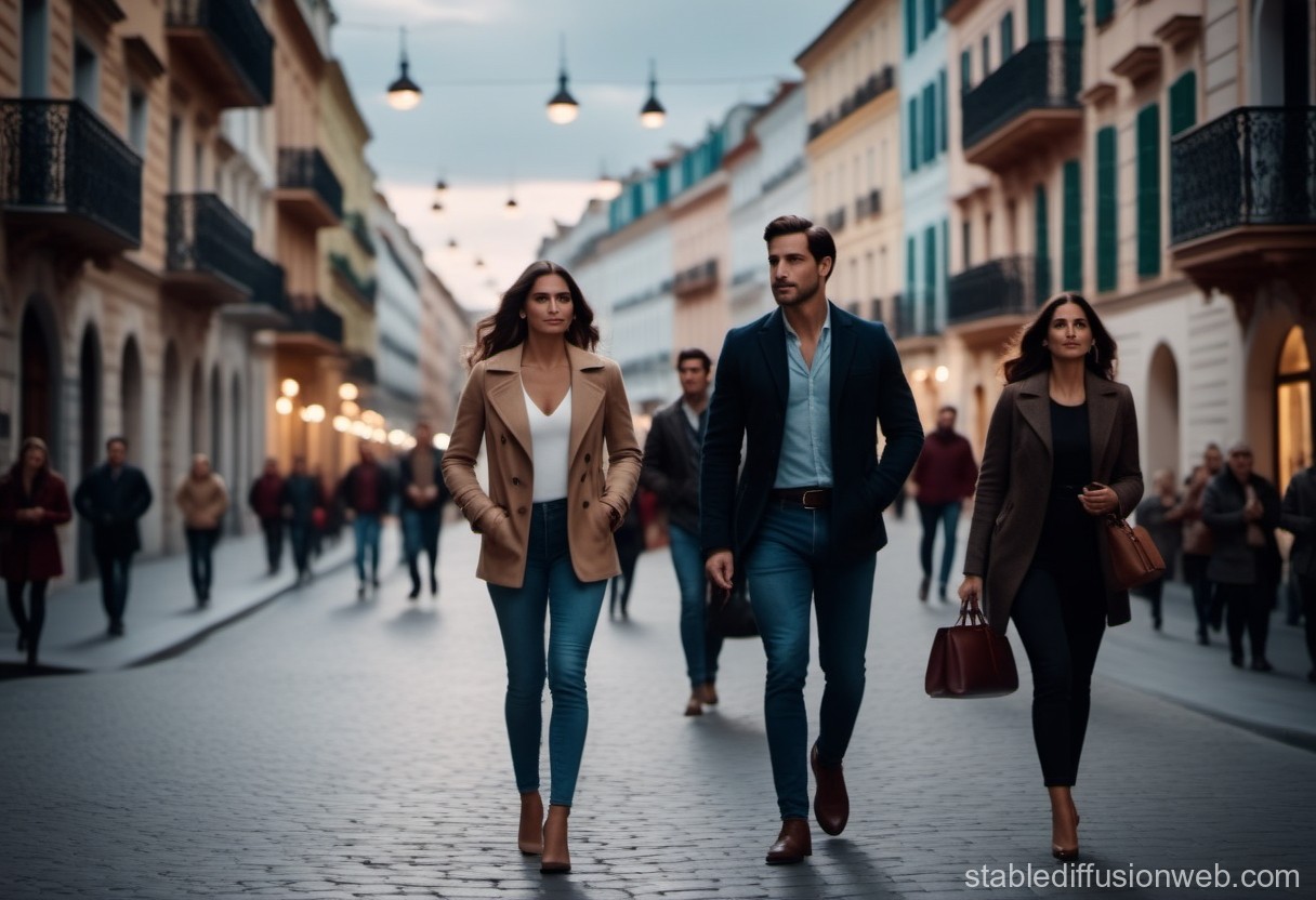 Stylish People Walking on a European City Street at Dusk