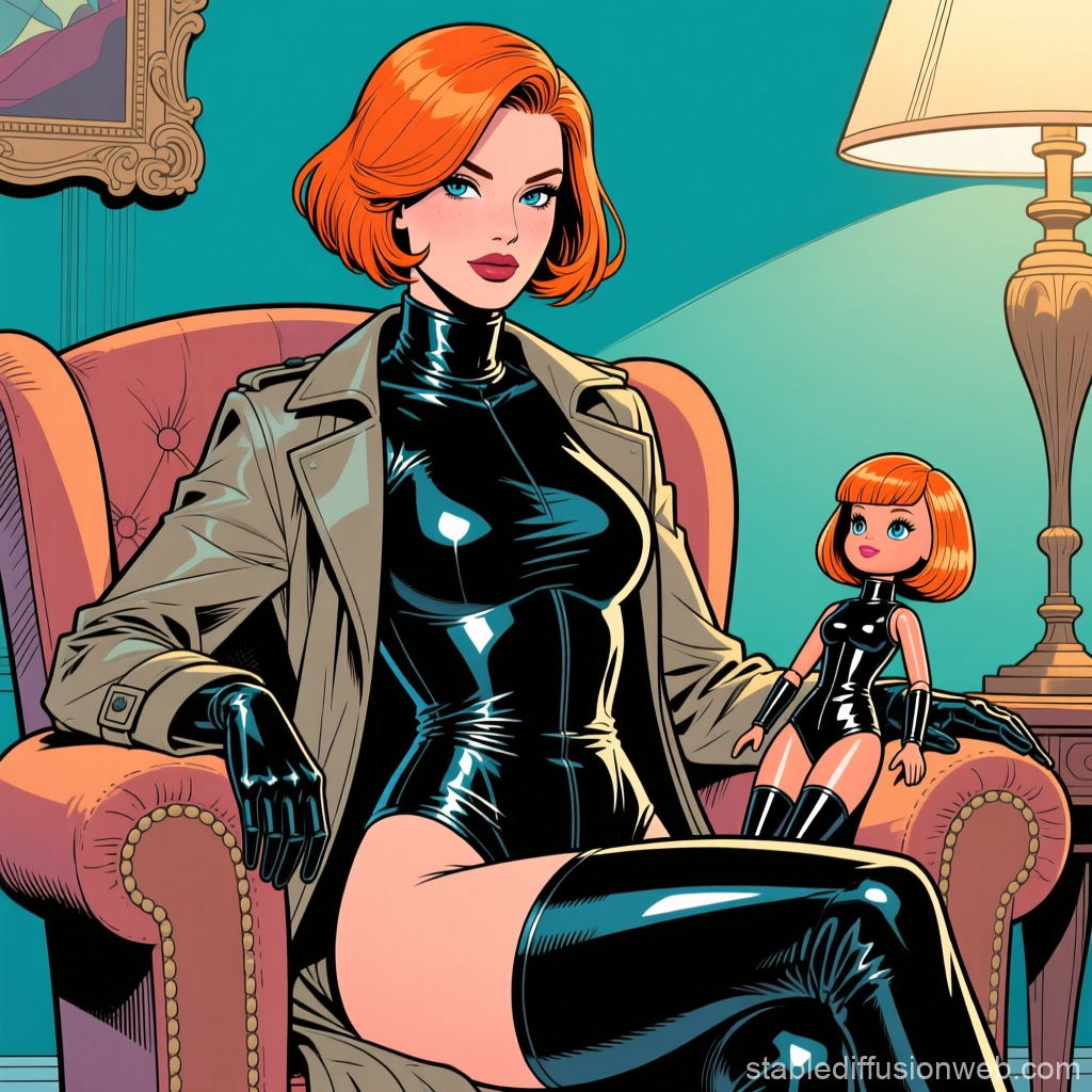 Stylish Redhead Woman and Doll in Shiny Latex Outfit