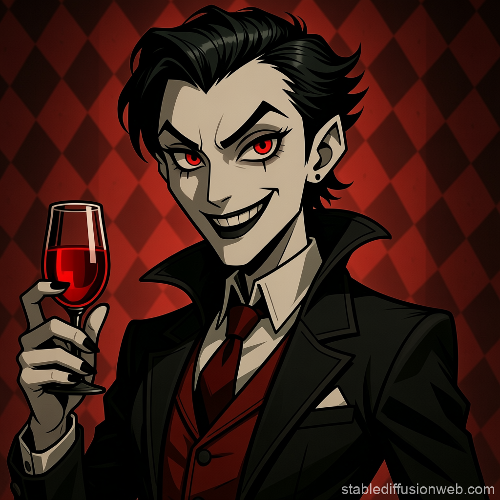 Stylish Vampire Character with Red Eyes Holding Wine Glass
