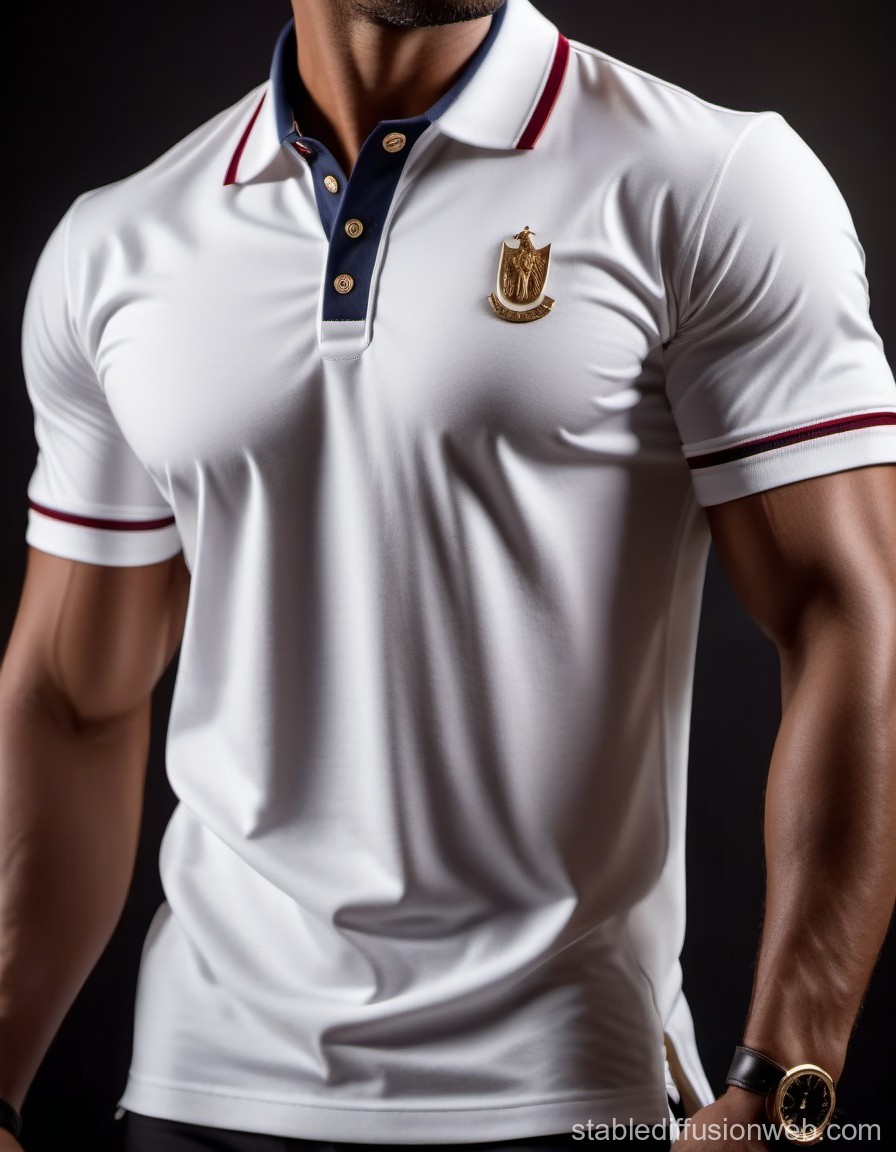 Stylish White Polo Shirt with Gold Emblem and Navy Accents