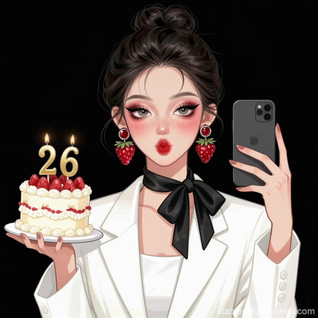 Stylish Woman Celebrating 26th Birthday with Cake and Selfie