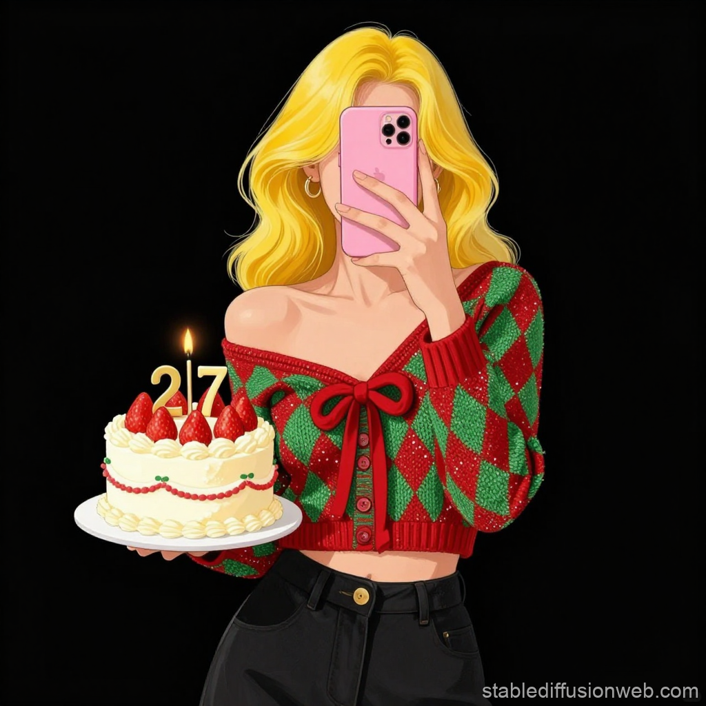 Stylish Woman Celebrating 27th Birthday with Cake