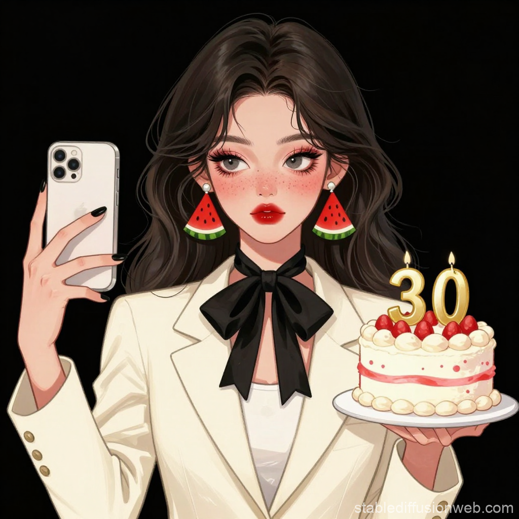 Stylish Woman Celebrating 30th Birthday with Cake and Selfie
