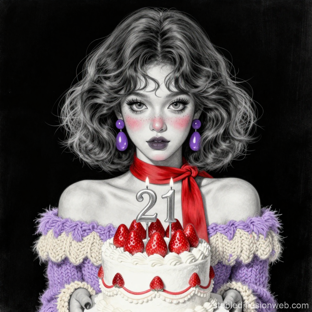 Stylish Woman Holding 21st Birthday Cake