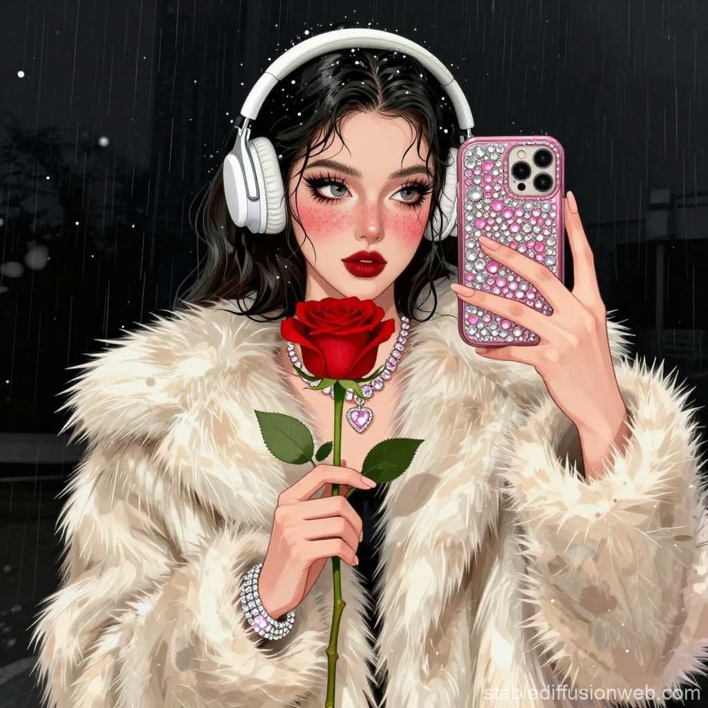 Stylish Woman in Fur Coat Holding Rose and Phone
