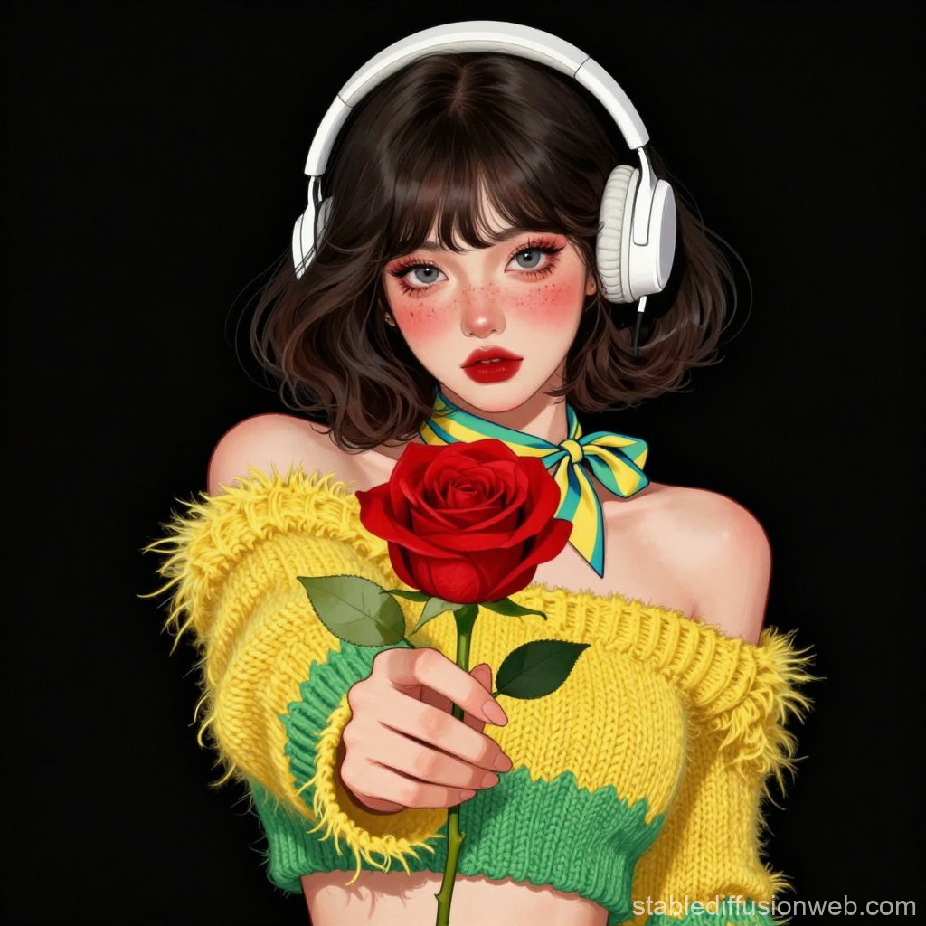 Stylish Woman Offering a Red Rose with Headphones