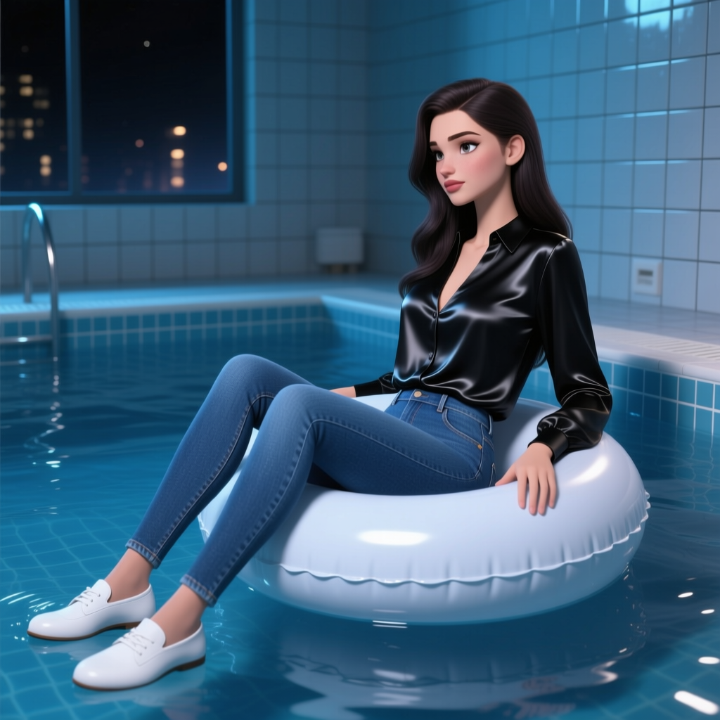 Stylish Woman Relaxing on Pool Float at Night