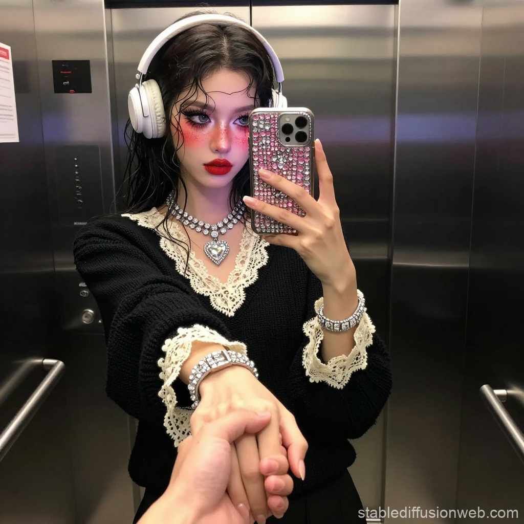 Stylish Woman Taking Elevator Selfie Holding Hand