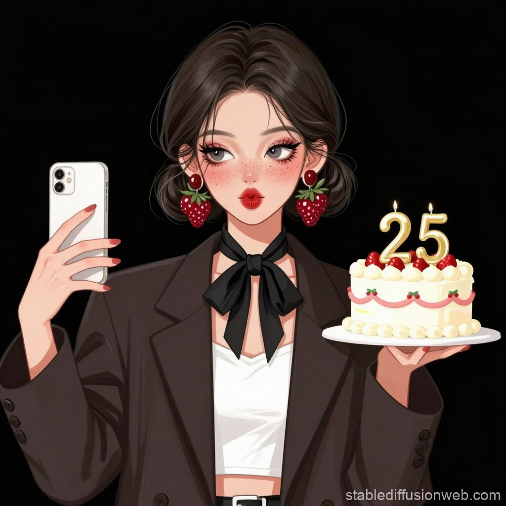 Stylish Woman Taking Selfie with 25th Birthday Cake