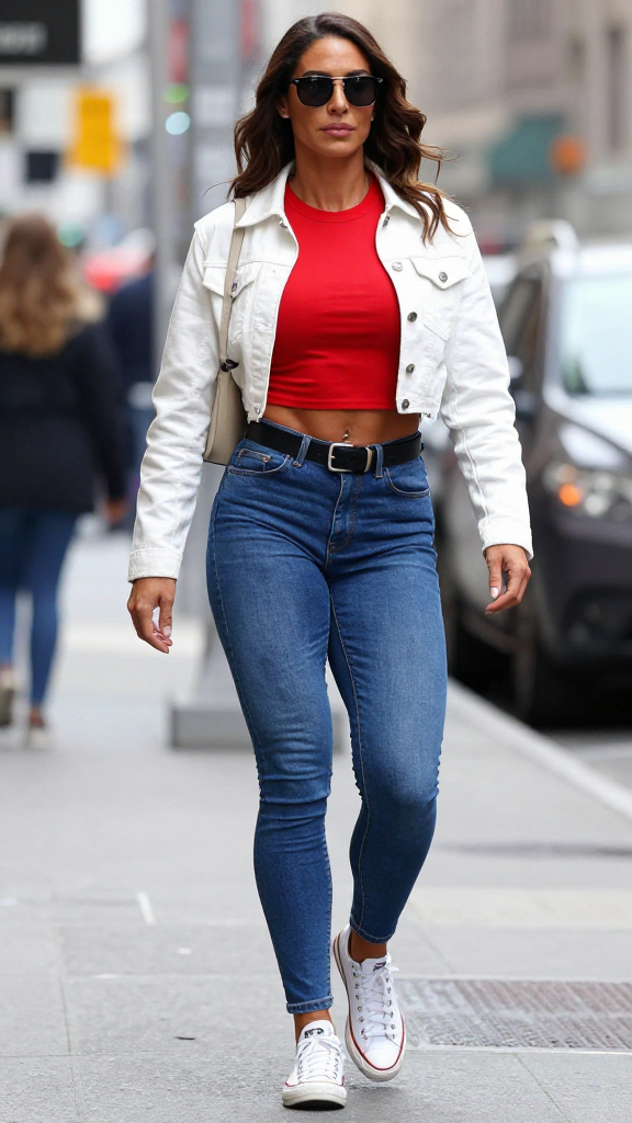 Stylish Woman Walking on City Street in Casual Outfit