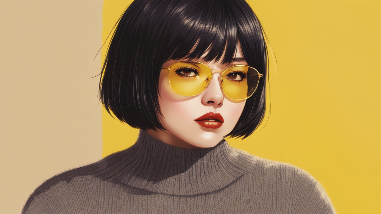 Stylish Woman with Short Black Hair and Yellow Sunglasses