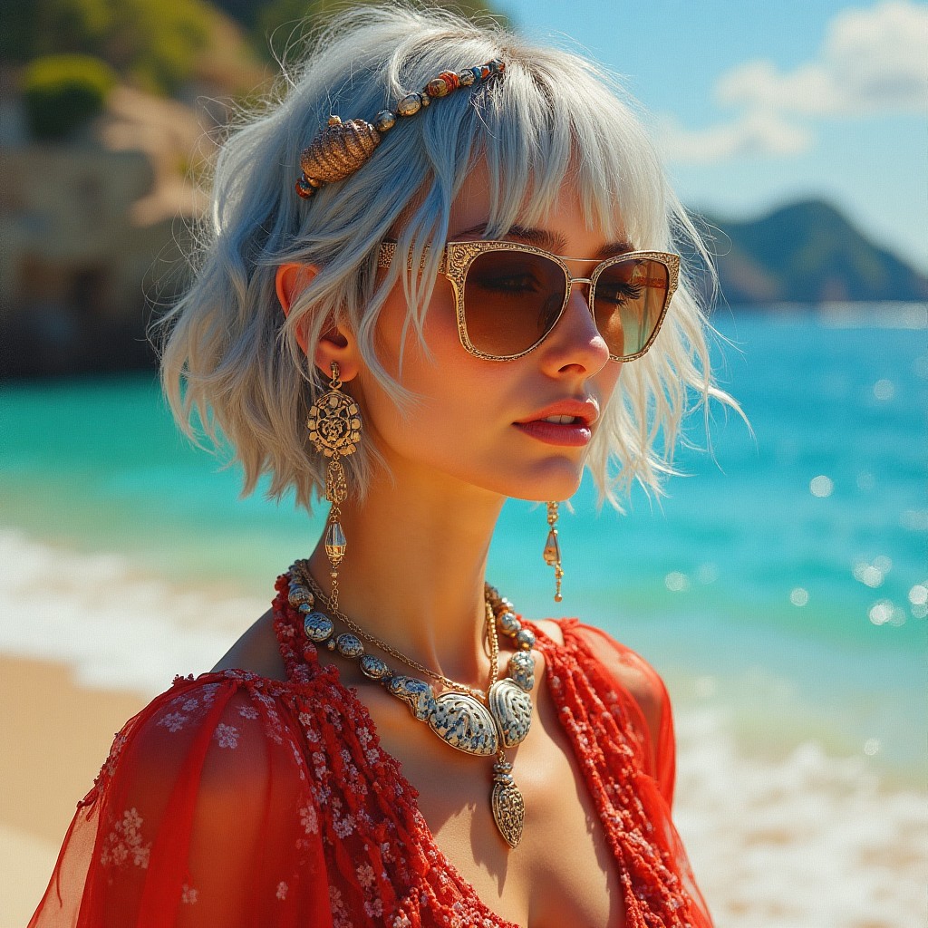 Stylish Woman with Silver Hair and Beach Accessories