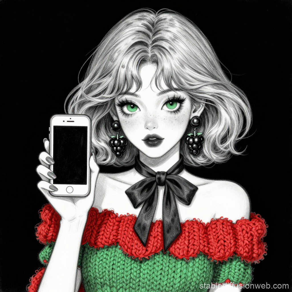 Stylish Woman with Smartphone in Red and Green Knitwear