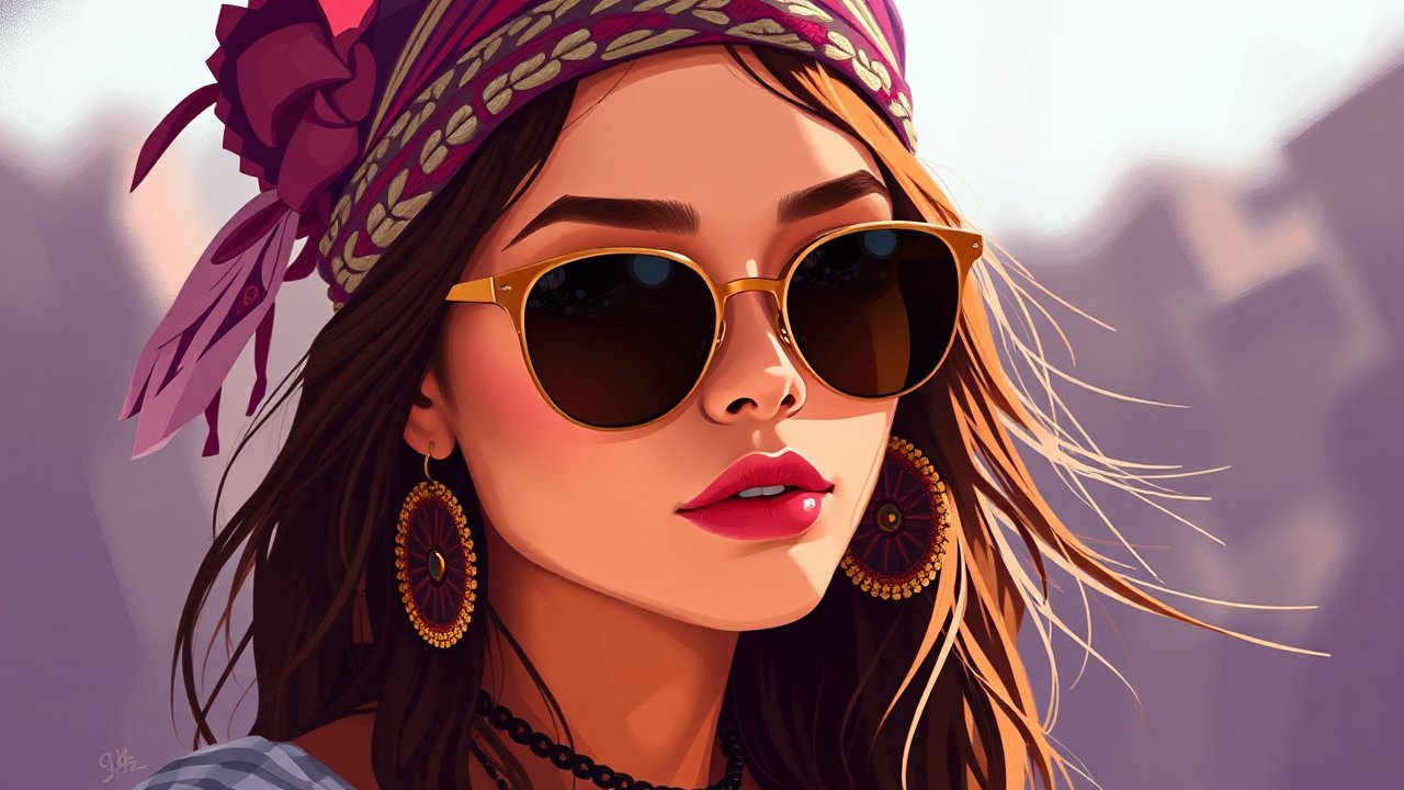 Stylish Woman with Sunglasses and Headscarf Digital Painting