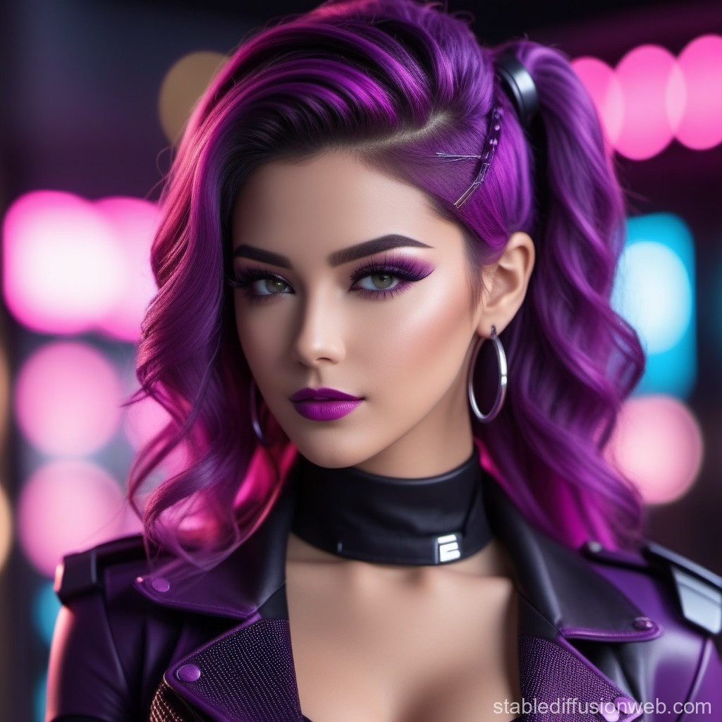 Stylish Woman with Vibrant Purple Hair and Futuristic Look