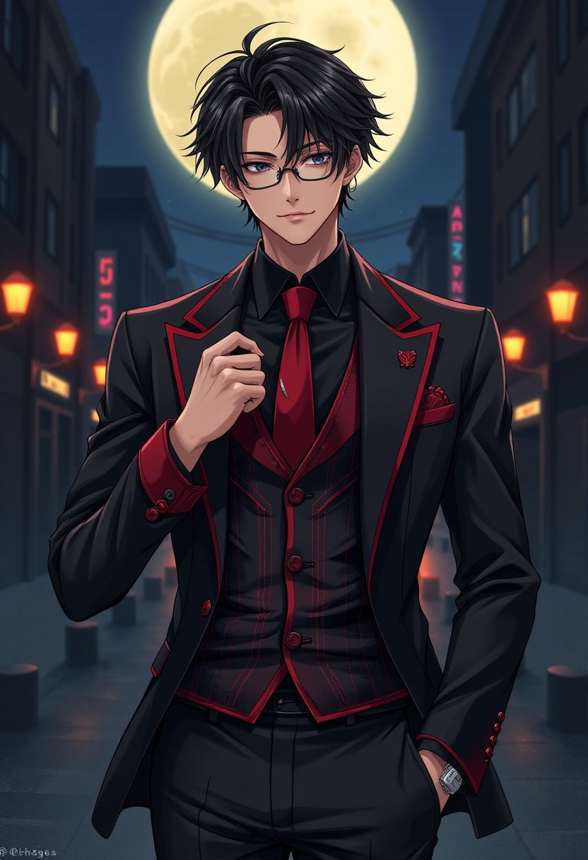 Stylish Young Man in Black and Red Suit Under Full Moon