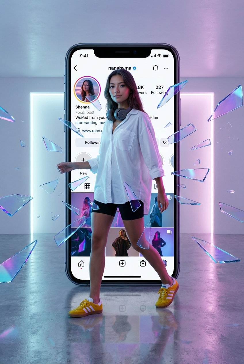 Stylish Young Woman Emerging from Giant Smartphone Screen