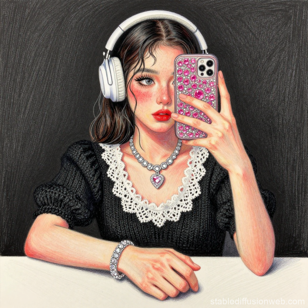 Stylish Young Woman Taking Selfie with Headphones