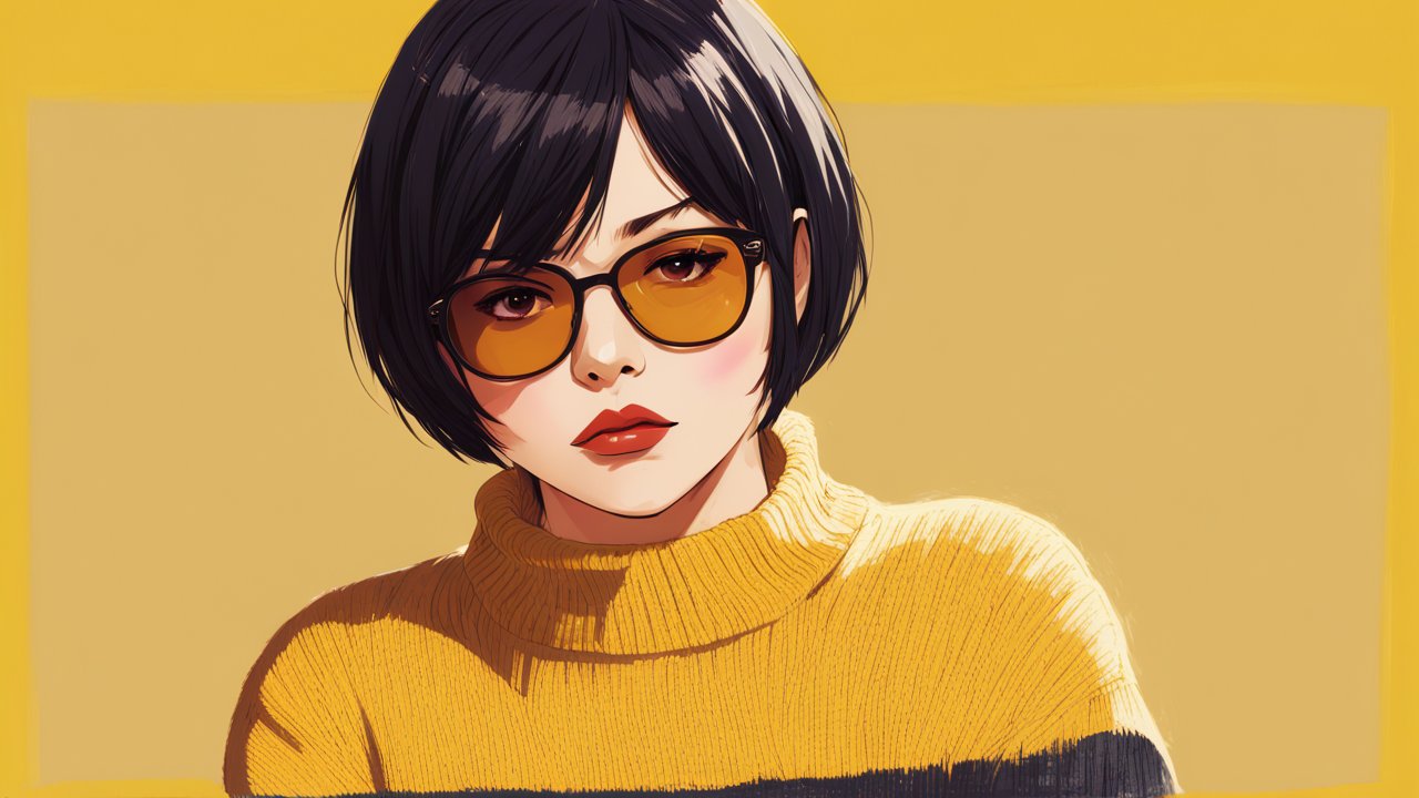 Stylish Young Woman with Short Black Hair and Amber Glasses